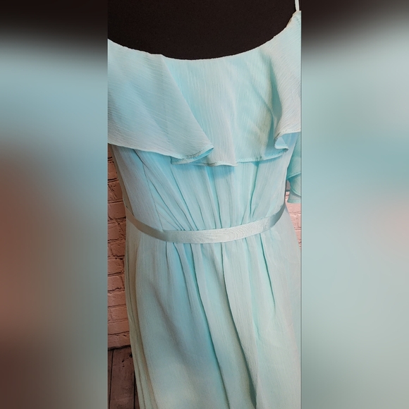 David's Bridal Long Flutter Sleeve Spa Blue Dress Size 8 NWT - Picture 2 of 9